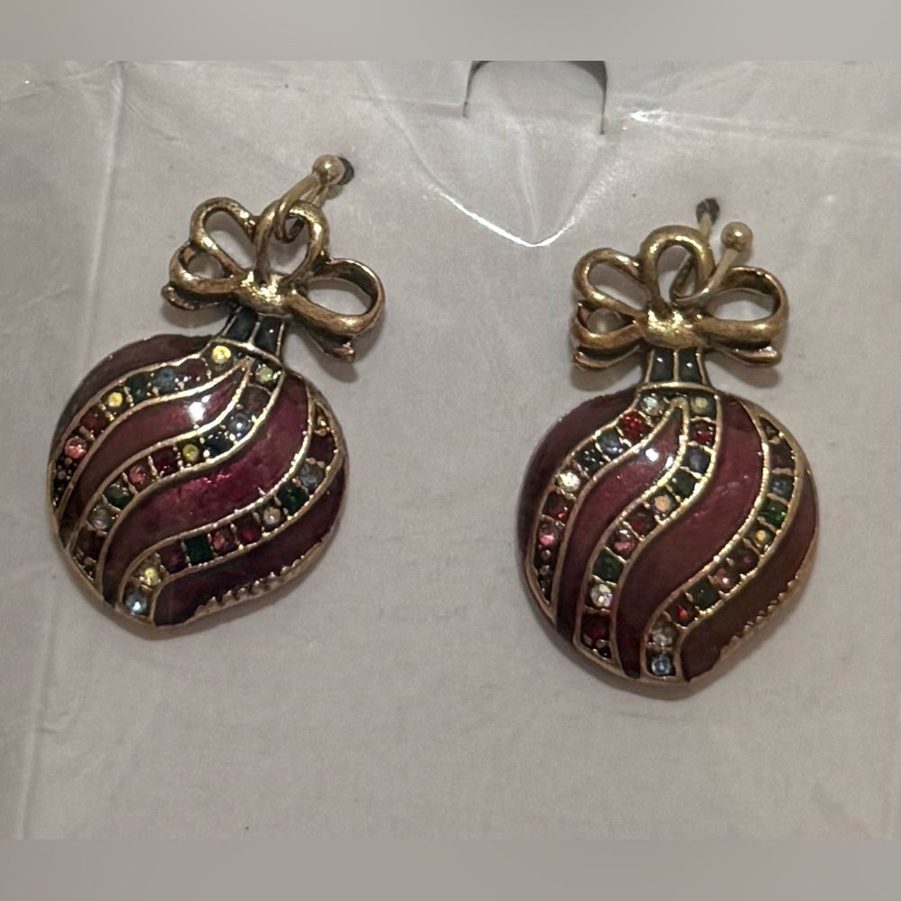 NEW Elegant Gold and Burgundy Christmas Ornament Earrings.